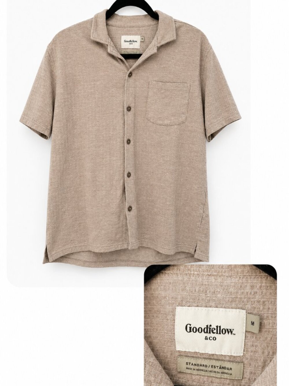 Goodfellow & Co Men's Medium Beige Textured Button Up Camp Shirt Pocket